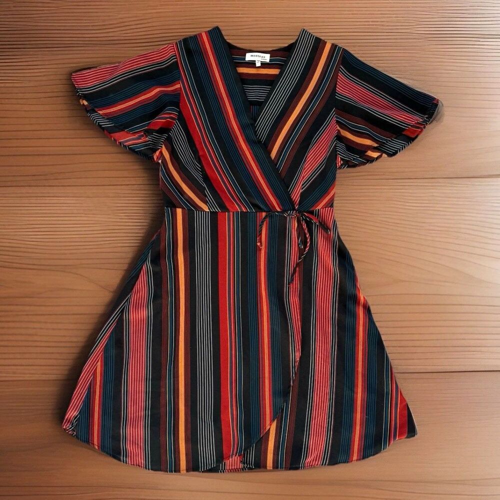 Monteau Los Angeles Junior Teen Large Striped V-Neck Stretch Faux Wrap Dress